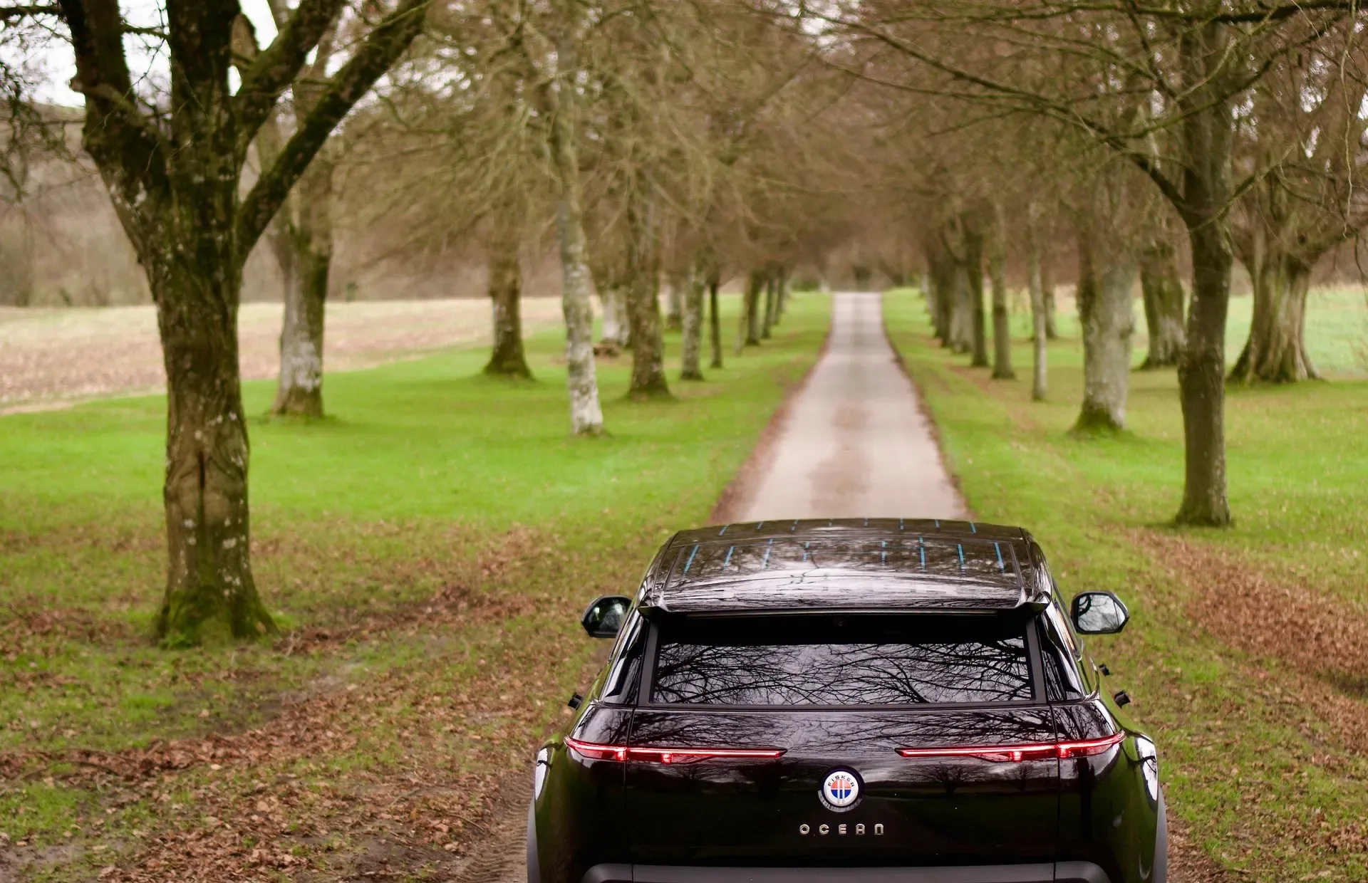 A black Fisker Ocean heading down a tree-lined lane